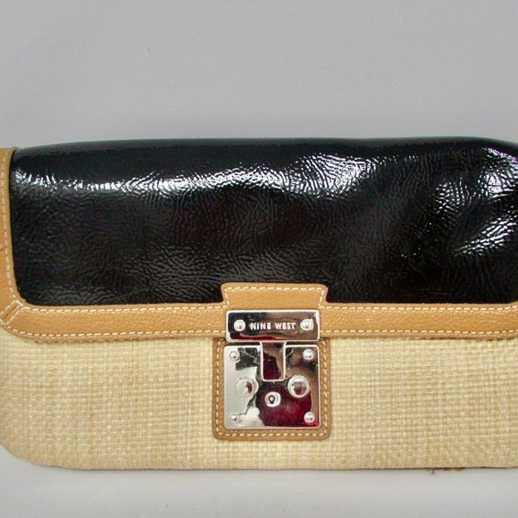 Nine West Straw Design and Black Patent Leather Clutch Purse - Picture 1 of 12